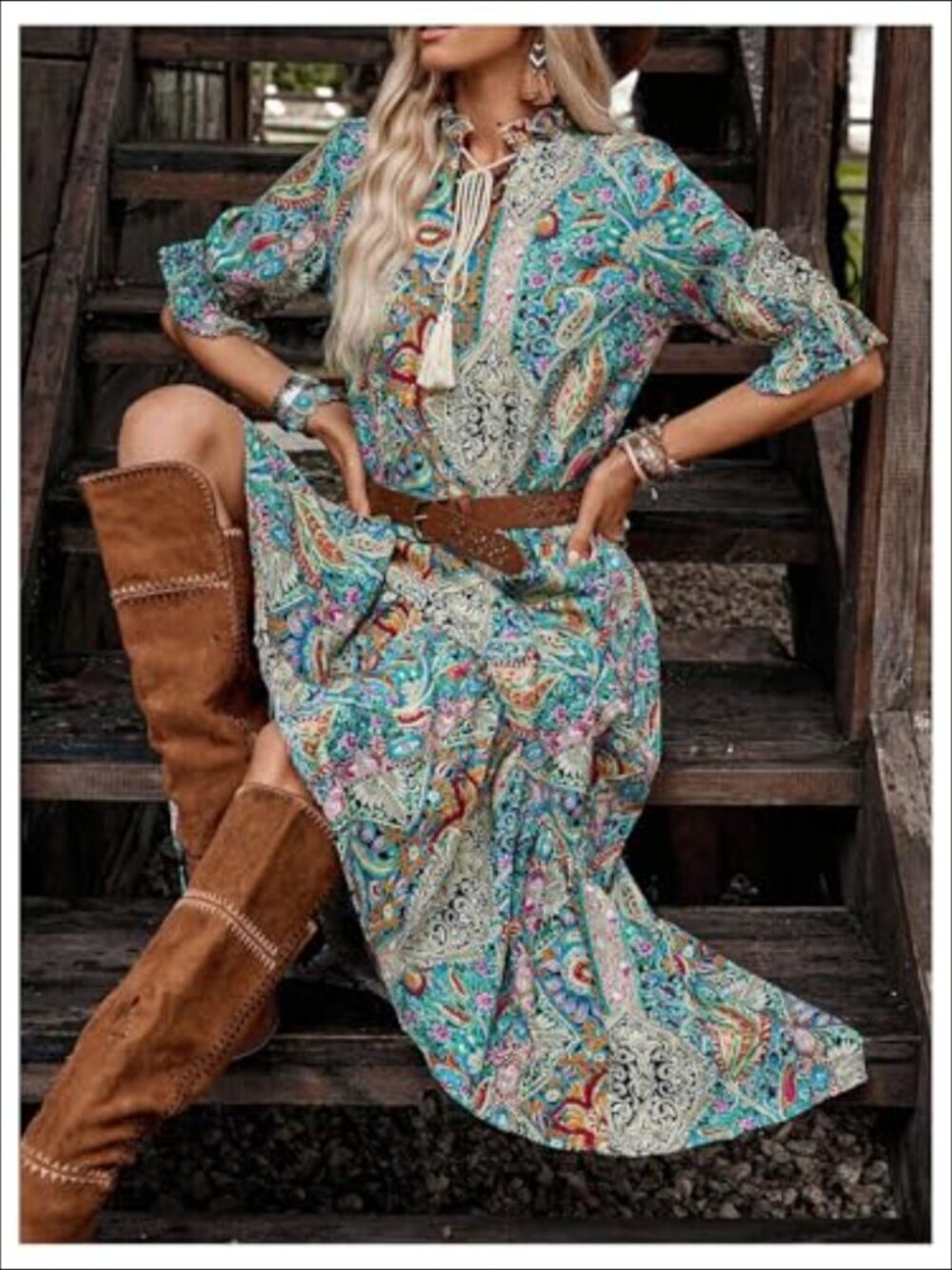 Womens Western Cowgirl Maxi Dress Summer Boho Paisley Sundress Rodeo Festival